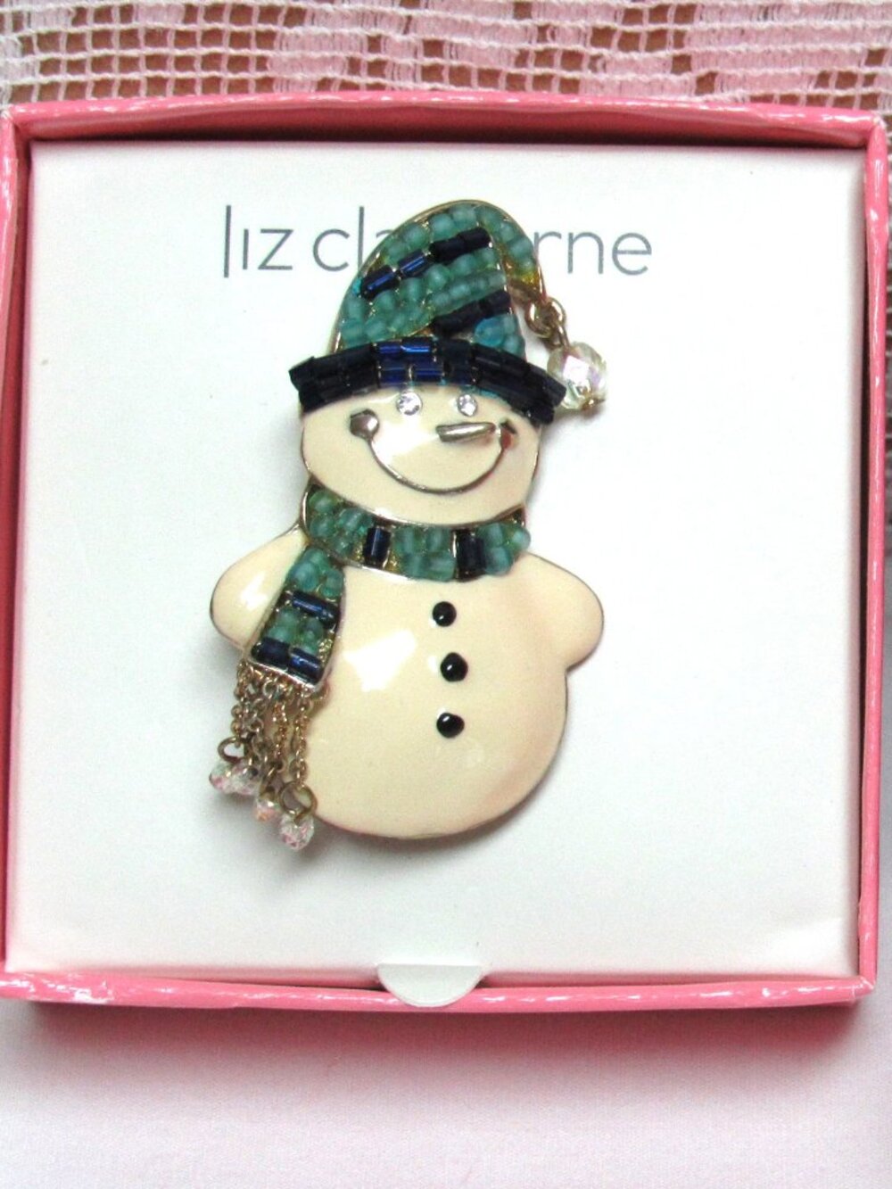 Vintage LIZ CLAIBORNE Enamel Christmas Smiling Snowman PIN Brooch In Box Blue Be